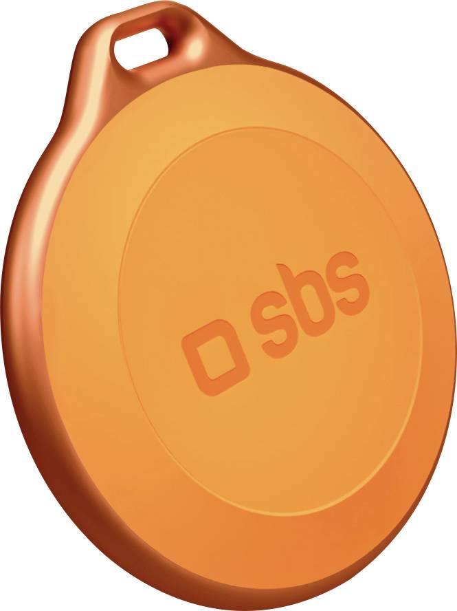 Ein orangefarbener, runder Schlüsselanhänger mit dem eingeprägten Logo „sbs" auf einer Seite, mit einer kleinen Schlaufe zur Befestigung.