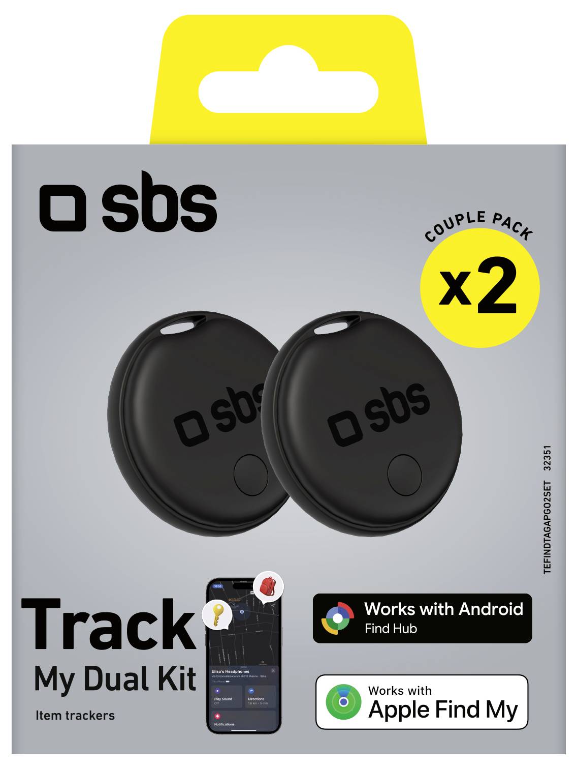 „Track My Dual Kit"-Verpackung zeigt zwei schwarze Artikeltracker, die mit Android Find Hub und Apple Find My kompatibel sind, in einer Packung mit zwei Stück.