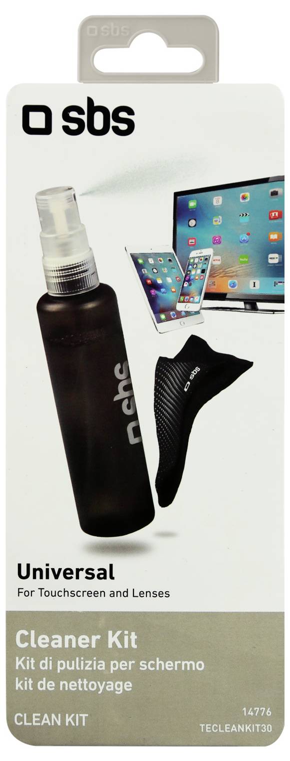 'Universales Reinigungsset für Touchscreen und Linsen' – Verpackung mit Sprühflasche, Tuch und Bildern von Bildschirmen.
