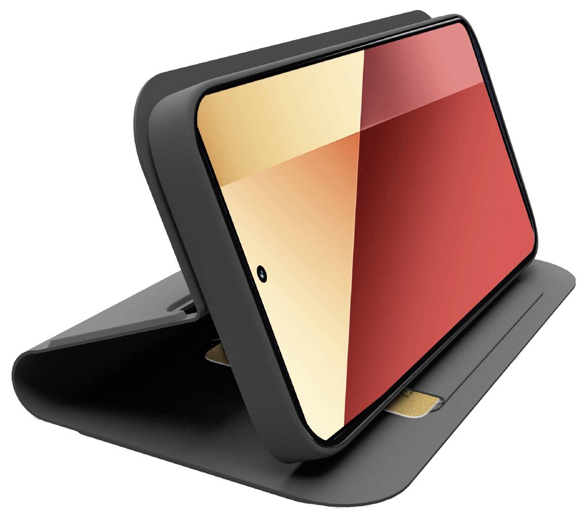 Ein Mobiltelefon in einem schwarzen Flip-Case steht offen und zeigt einen orange-roten Bildschirm an. Das Case ist so angewinkelt, dass man es leicht betrachten kann.