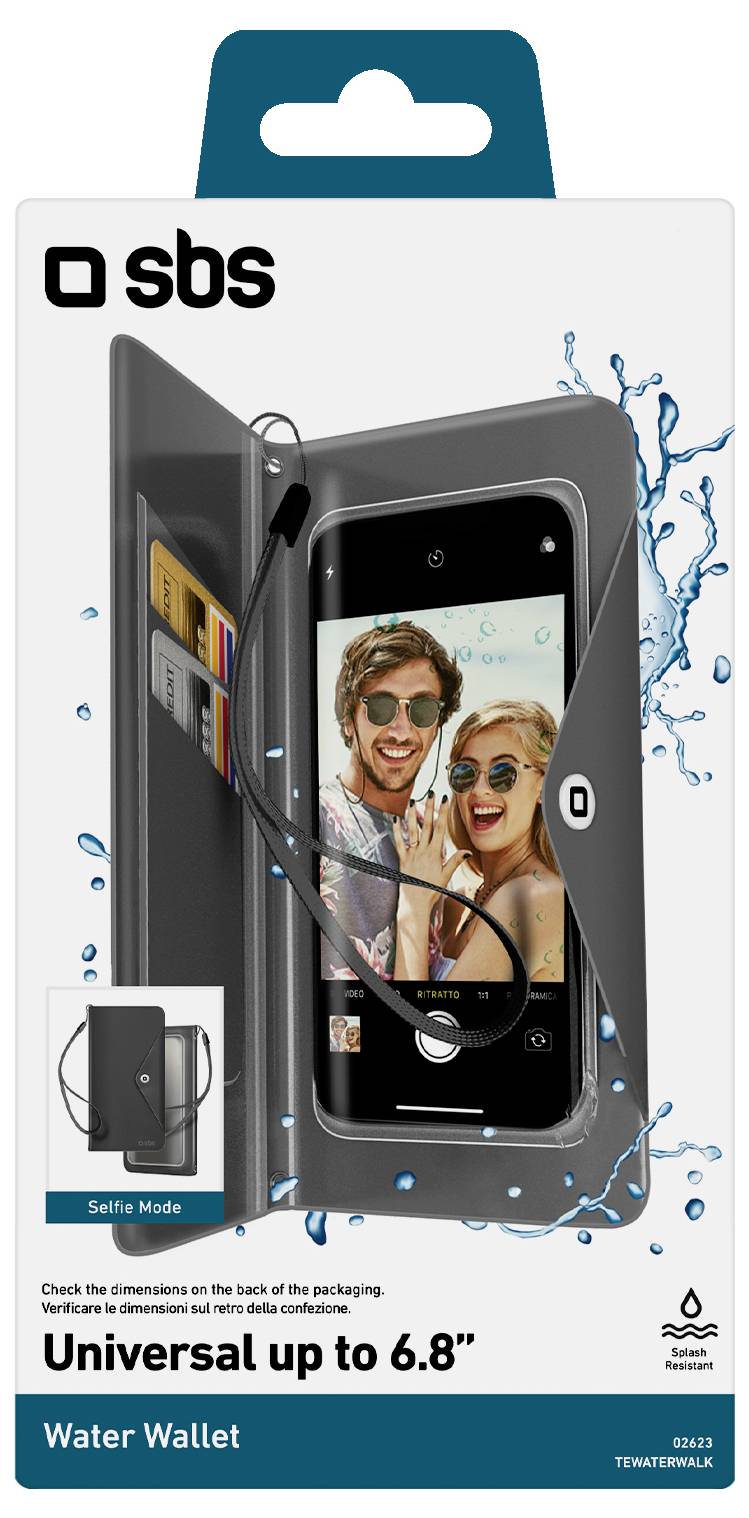 „Water Wallet" Verpackung für eine Handyhülle mit Wasserschutz. Das Bild zeigt ein Telefon in der Hülle mit zwei lächelnden Personen auf dem Bildschirm.