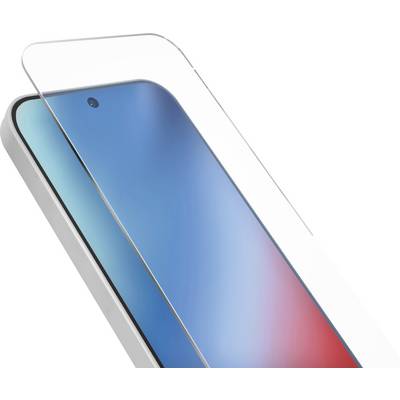 Smartphone mit einem blau-roten Farbverlauf-Bildschirm, teilweise bedeckt durch eine transparente Displayschutzfolie.