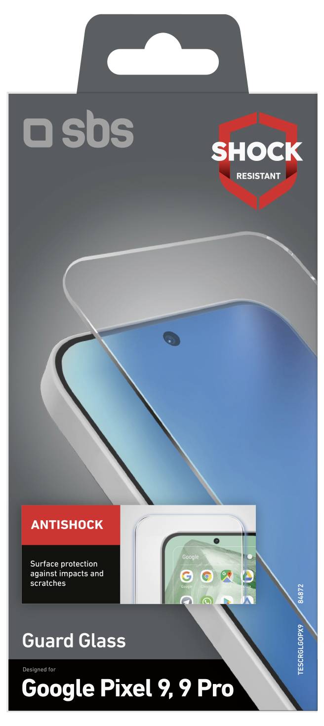 „SBS Guard Glass" Displayschutz für Google Pixel 9, 9 Pro. Merkmale: „Stoßfest" und „Antishock" für Aufprallschutz.