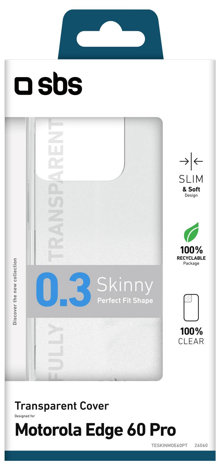 „Transparente Schutzhülle für Motorola Edge 60 Pro" Verpackung, hebt „0,3 Skinny", „Slim & Soft", „100% Recyclebar" und „100% Durchsichtig" hervor.