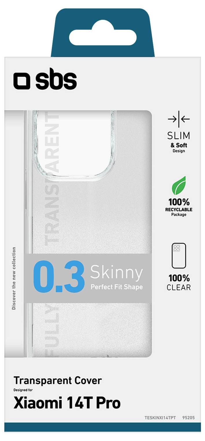 „Transparente Schutzhülle für Xiaomi Redmi A5" Verpackung. Merkmale: schlank, weich, 100% recycelbar und transparentes Design. Erscheint in einer türkisblauen und weißen Schachtel.