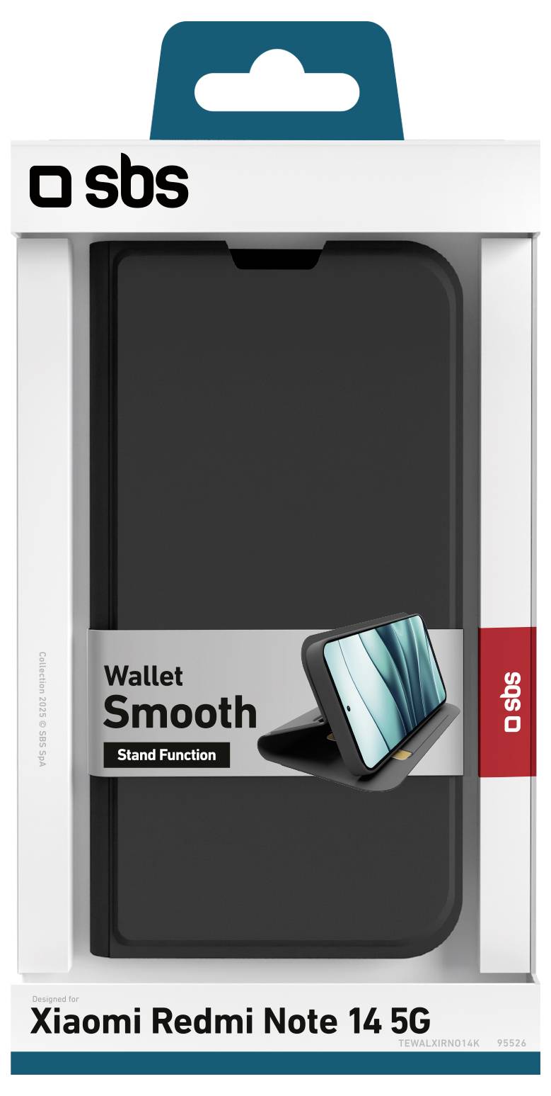 „Wallet Smooth Stand Function" Handyhülle für Xiaomi Redmi Note 14 5G, angezeigt in Einzelhandelverpackung.