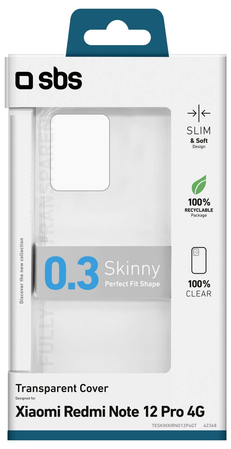 „Transparente Schutzhülle für Xiaomi Redmi Note 12 Pro 4G" Verpackung, hervorhebend „0.3 Skinny" Design, schlank und weiches Material, 100% recycelbar.