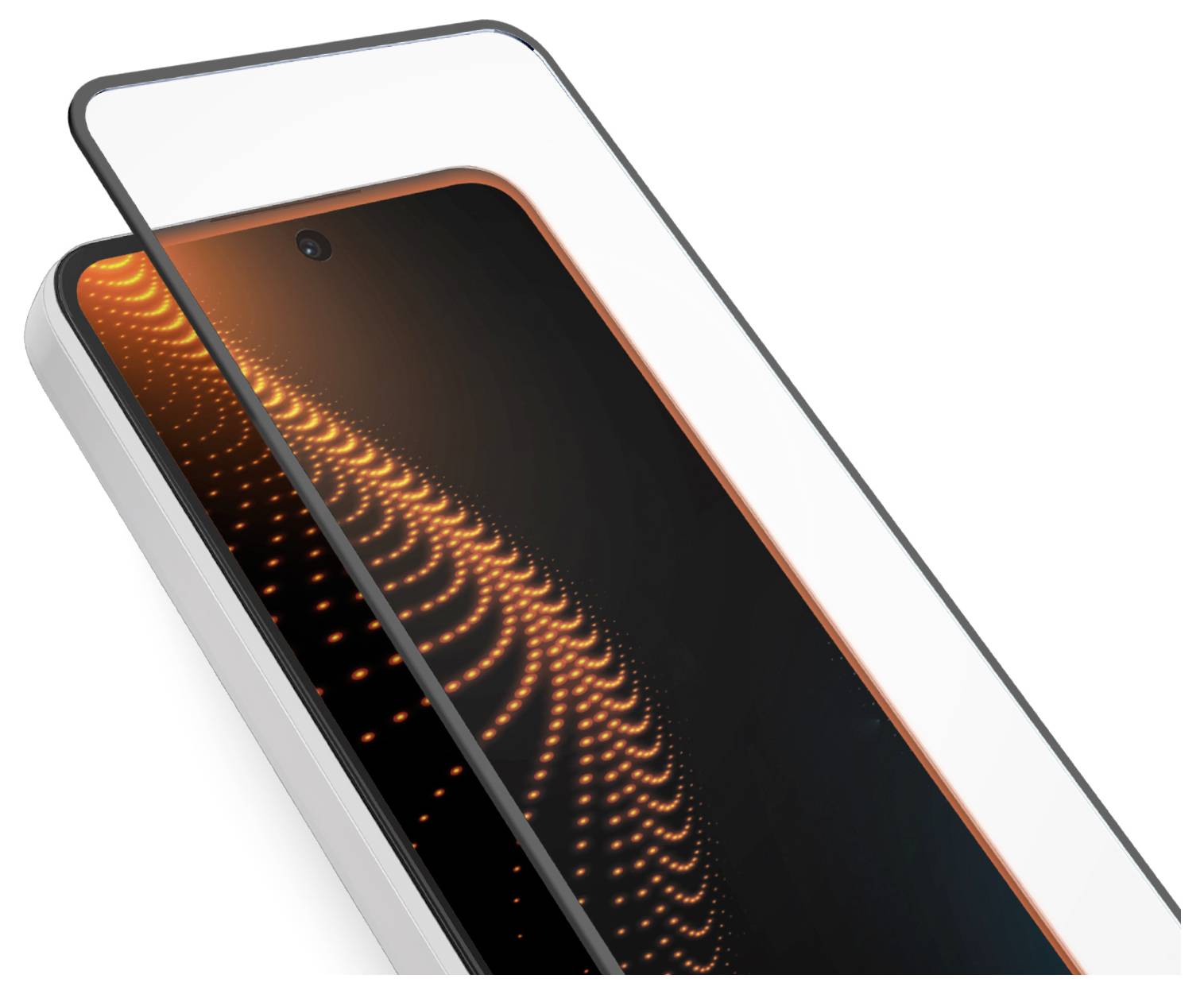 Smartphone-Bildschirm mit einem orangefarbigen Punktmuster, das eine Nahaufnahme seiner Kante mit weißem Hintergrund zeigt.