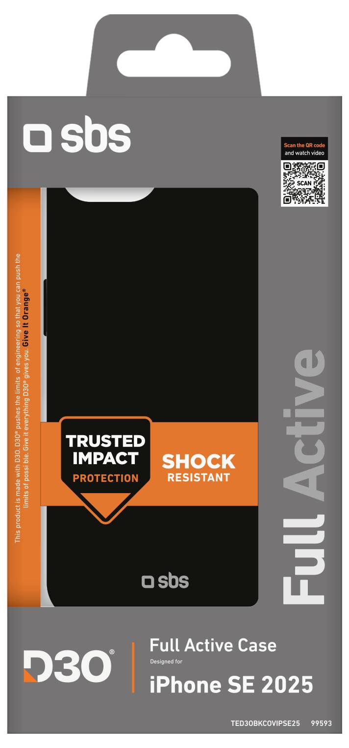 „Full Active Case" Verpackung für das iPhone SE 2025 von SBS mit den Etiketten „Trusted Impact Protection" und „Shock Resistant".