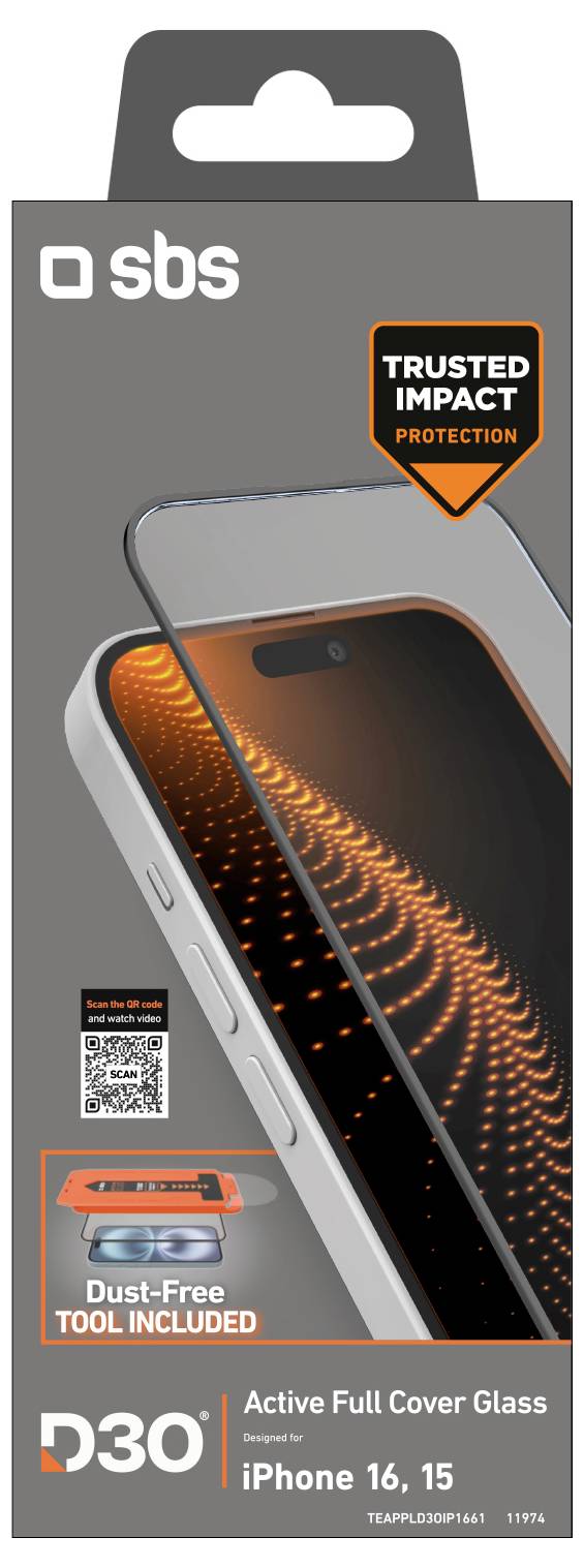 "Trusted Impact Protection" Displayschutzfolie für iPhone 16, 15. Enthält staubfreies Werkzeug. Produkt auf dem Telefon gezeigt.