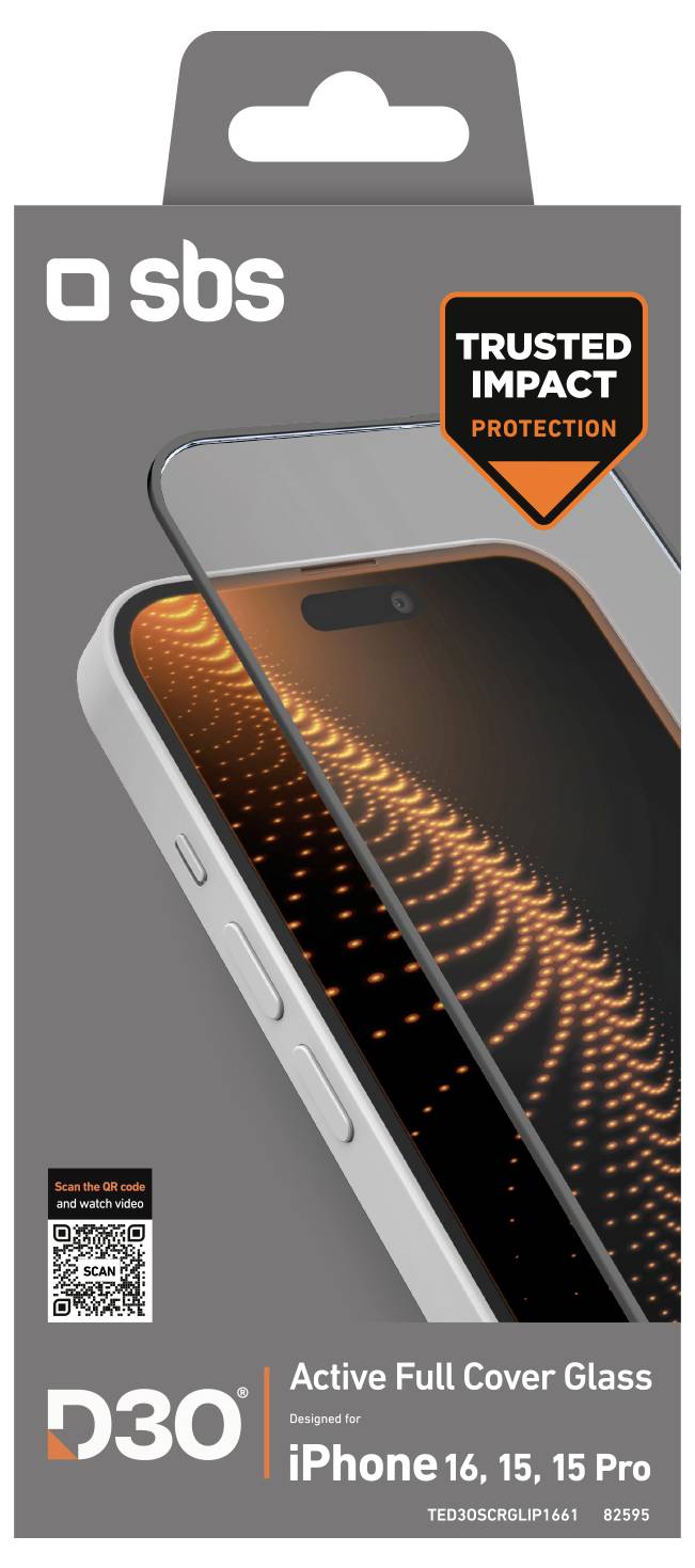 „Active Full Cover Glass" Verpackung für iPhone-Modelle mit Aufprallschutz. Bild des Telefondisplays mit gepunkteter Gestaltung auf der Schutzfolie.