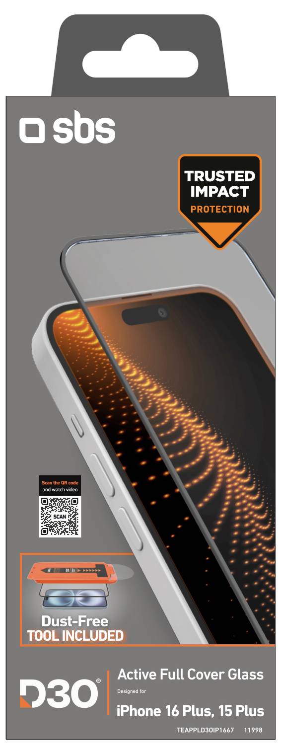 „SBS Active Full Cover Glass für iPhone 16 Plus, 15 Plus" – Die Verpackung zeigt einen Displayschutz mit „Trusted Impact Protection" und „Dust-Free Tool Included".