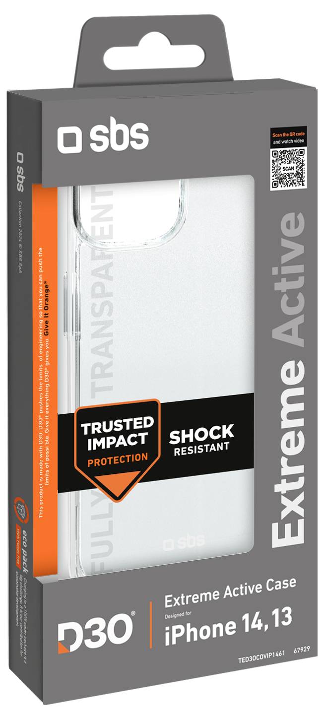 „Extreme Active Case für iPhone 14, 13" – die Verpackung zeigt ein transparentes Case mit den Features „Trusted Impact Protection" und „Shock Resistant".