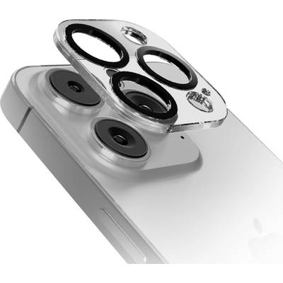 Eine explodierte Darstellung der Rückseite eines Smartphones mit zwei Kameras und einer darüber schwebenden Linsenabdeckung, die das Kameramoduldetail zeigt.