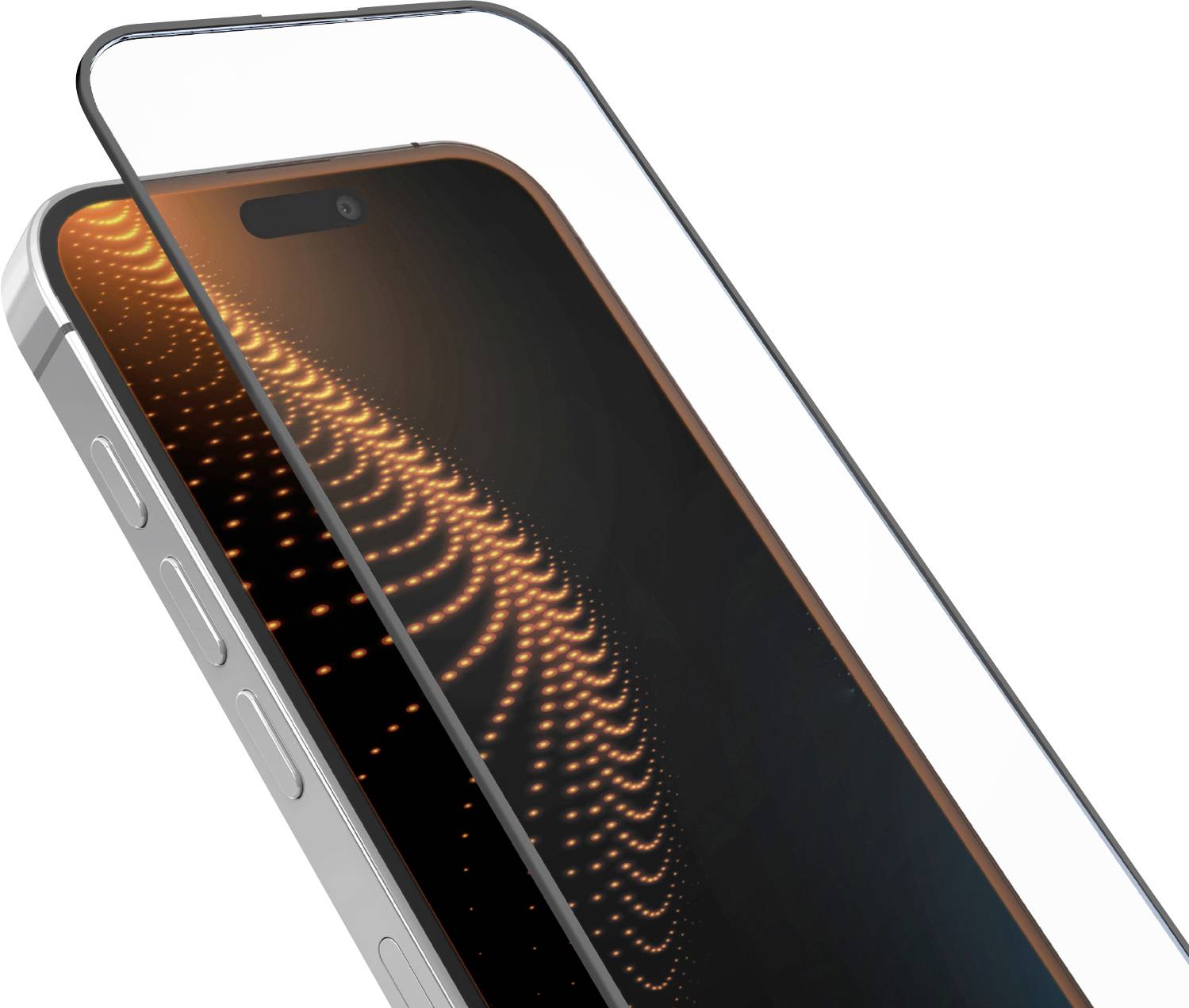 Ein Smartphone mit einem leuchtenden Spiralmuster auf dem Bildschirm, teilweise bedeckt durch eine gehärtete Glasschutzfolie, in schräger Ansicht angezeigt.