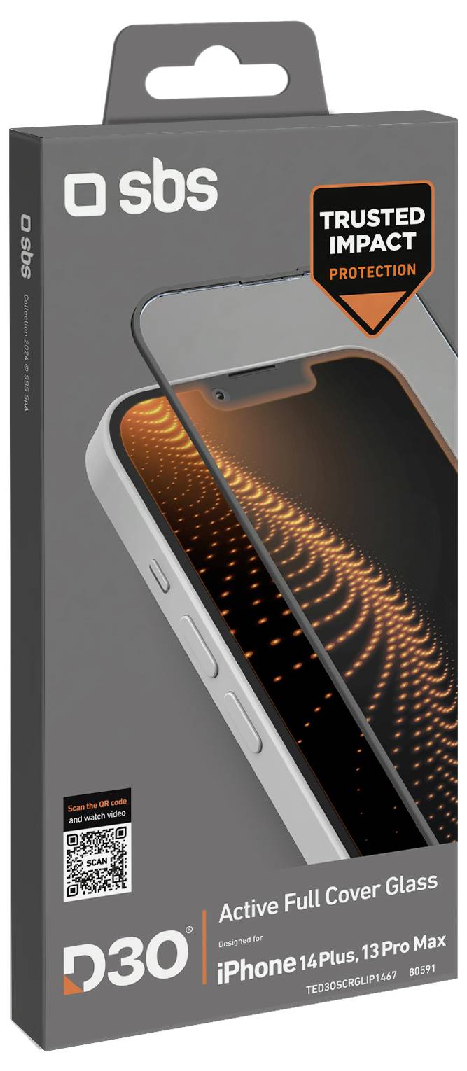 „Active Full Cover Glass" Verpackung für iPhone 14 Plus, 13 Pro Max. Features Aufprallschutz, enthält ein Bild des Telefons mit einer Glasschutzfolie.