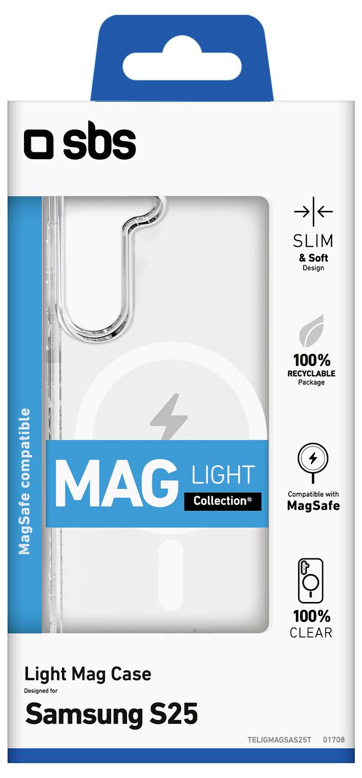 Transparente Handyhülle für Samsung S25 in Verpackung, kompatibel mit MagSafe, schlankes und weiches Design, 100% recycelbar und aus transparentem Material.