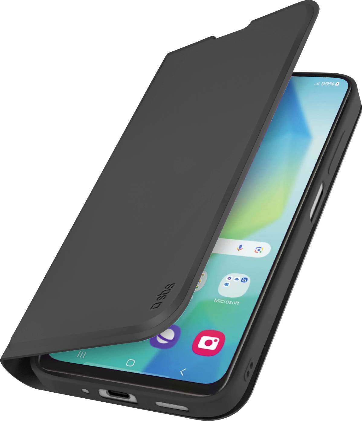 Ein Smartphone in einer schwarzen Klappschutzhülle, leicht geöffnet, zeigt einen farbenfrohen Startbildschirm mit App-Symbolen.