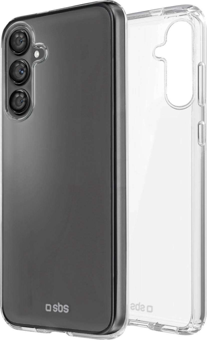 Ein transparantes Schutzgehäuse für Mobiltelefone mit Vorder- und Rückansicht, das Kameraausschnitte und Tastaturplatzierungen hervorhebt.
