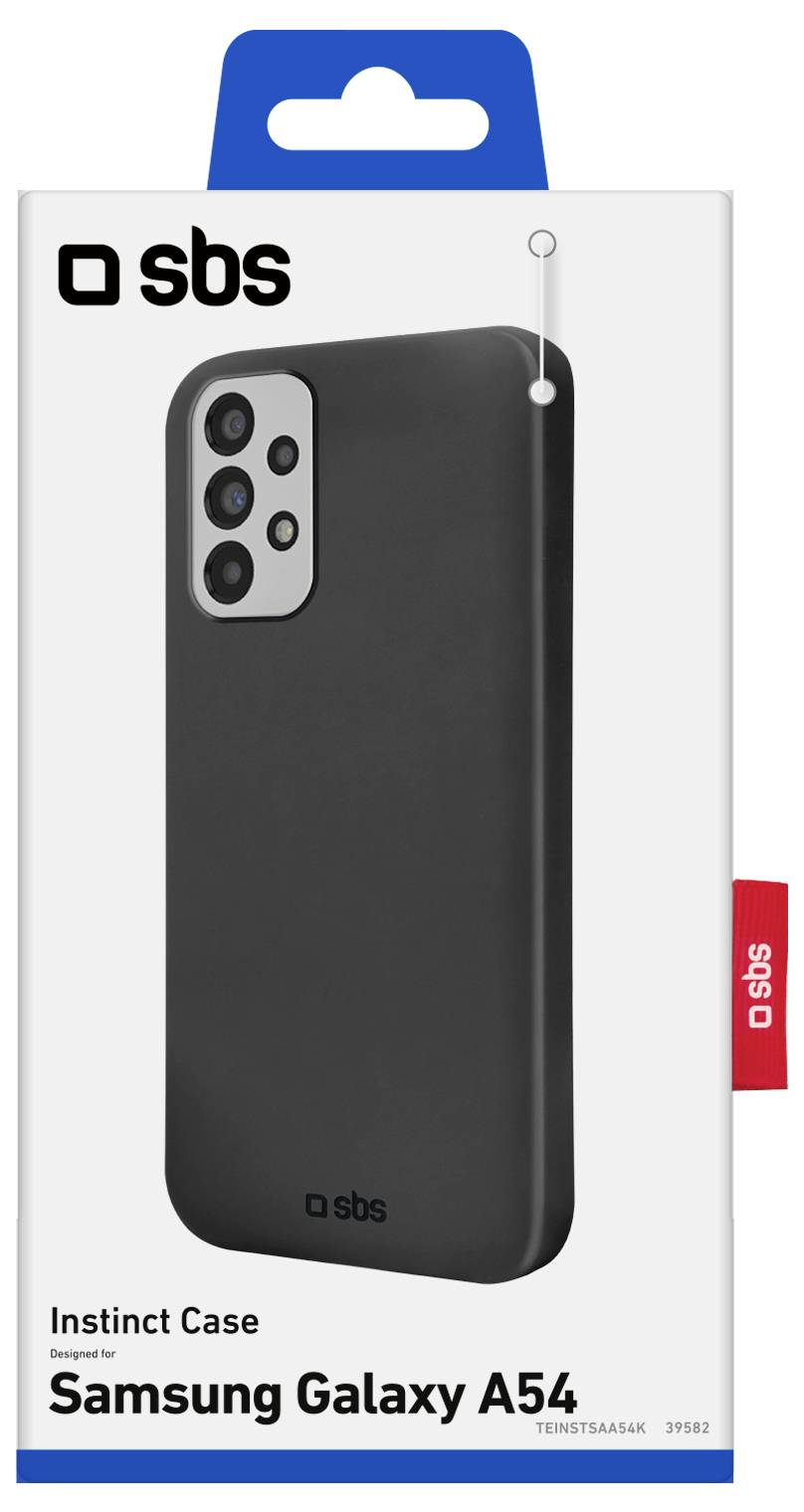 „SBS Instinct Schutzhülle für Samsung Galaxy A54" mit Abbildung einer schwarzen Handyhülle und sichtbarem Markenlogo auf der Verpackung.