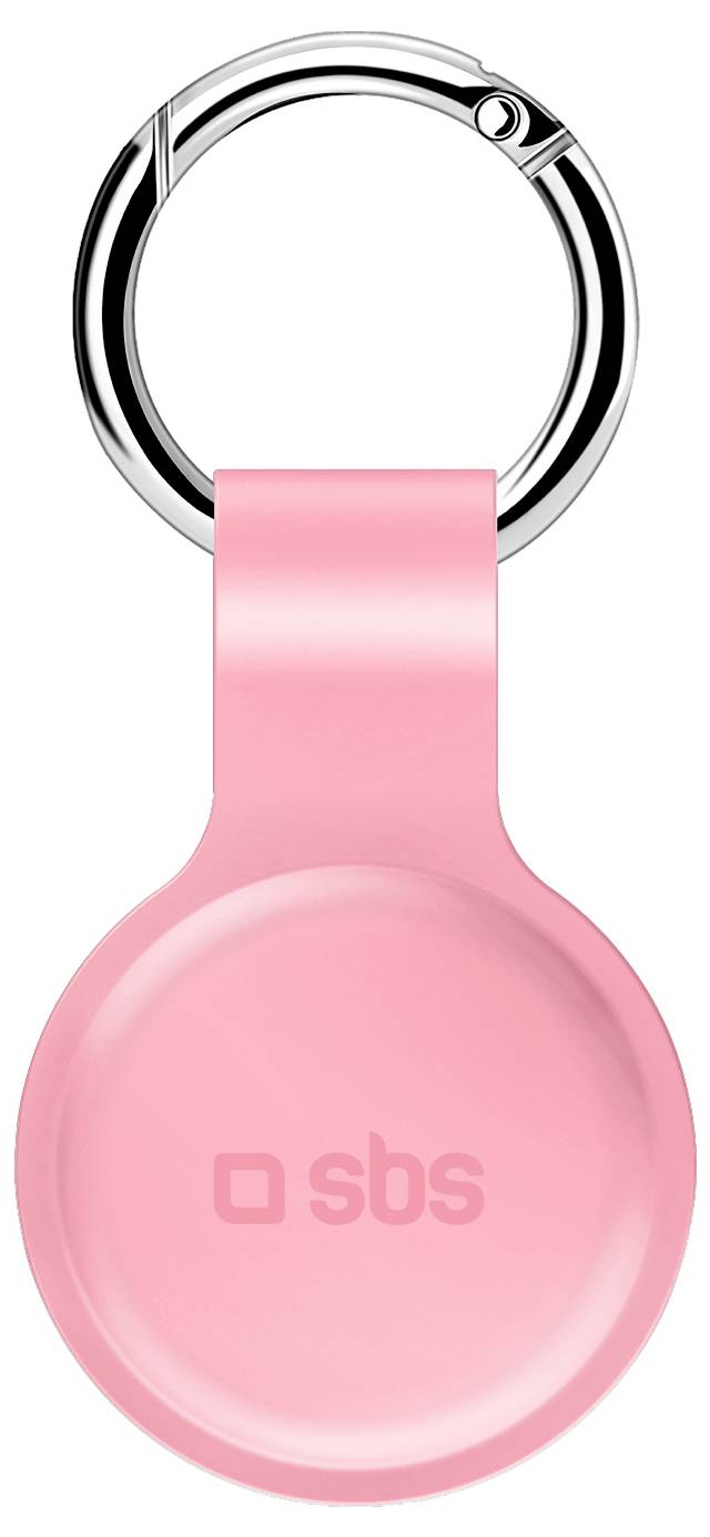 Ein rosa kreisförmiger Schlüsselanhänger mit silberner Metallring, mit den geprägten Buchstaben „sbs" auf der Vorderseite.