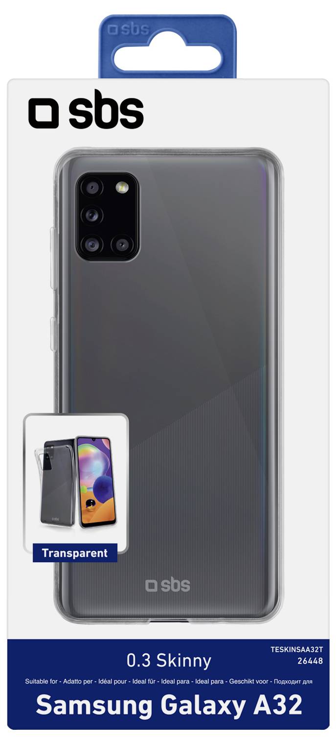 „Transparente Handyhülle für Samsung Galaxy A32 von SBS, 0,3 Skinny Modell, in Verpackung gezeigt, hebt Schutz und schlankes Design hervor."