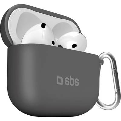 Schwarze kabellose Kopfhörer-Schutztasche mit silbernem Karabinerhaken befestigt, teilweise geöffneter Deckel zeigt weiße Kopfhörer im Inneren.