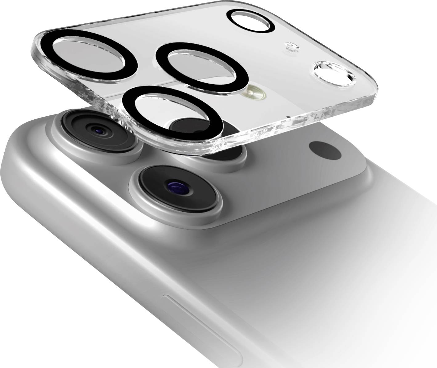 Eine Nahaufnahme eines Smartphones, das ein Dual-Kamera-Objektiv-Setup mit einer transparenten Schutzlinsenabdeckung zeigt, die seine Kamerafunktion veranschaulicht.