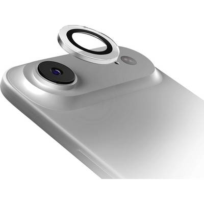 Ein Smartphone-Kameraobjektiv, hervorgehoben mit einem schwebenden kreisförmigen Glaselement darüber, auf silbernem Gerätehintergrund.