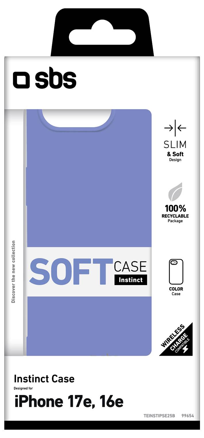 "SBS Instinct Case" Paket für iPhone 17e und 16e mit schlankem, weichem Design und 100% recycelbarer Verpackung mit kabellosen Laden.