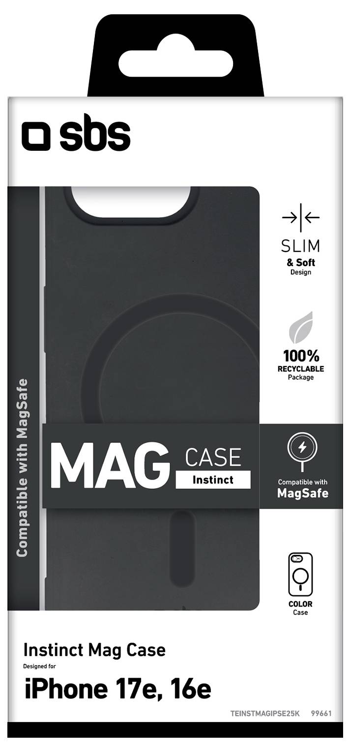 „Verpackung für SBS Instinct Mag Case für iPhone 17e, 16e. Schlank, weich, 100 % recycelbar. Kompatibel mit MagSafe. Farbe: Schwarz."