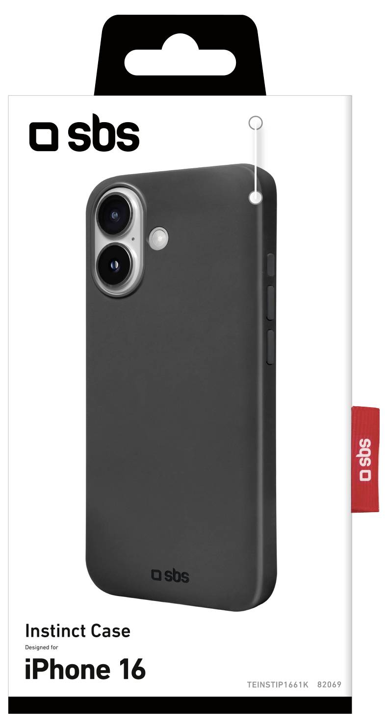 'iPhone 16 Instinct Case Verpackung von SBS mit schwarzem Case-Design. Geeignet für iPhone 16, gezeigt in Produktfotografie auf der Box.'