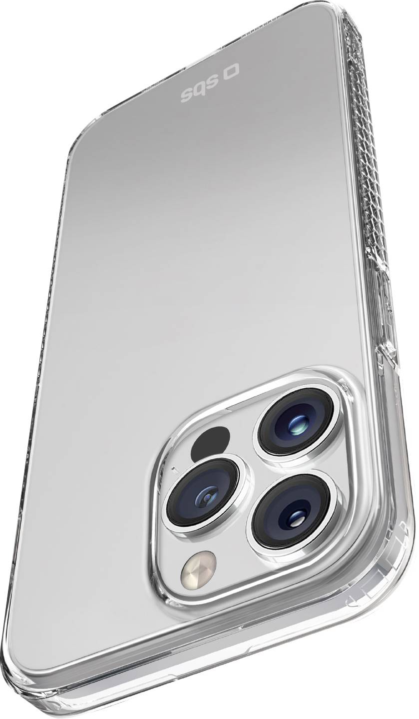 Ein Smartphone mit einer transparenten Schutzhülle wird in einem Winkel gezeigt und hebt drei rückwärtige Kameras und das schlanke Design hervor.