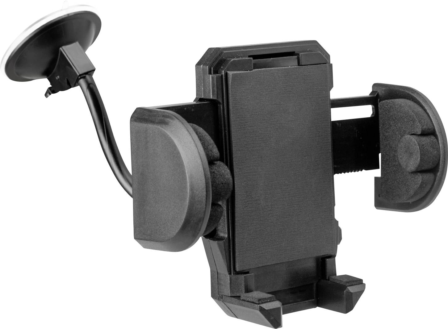 Ein schwarzer verstellbarer Handyhalter für das Auto mit Saugnapfhalterung und gepolsterten Griffen zur sicheren Befestigung des Telefons.