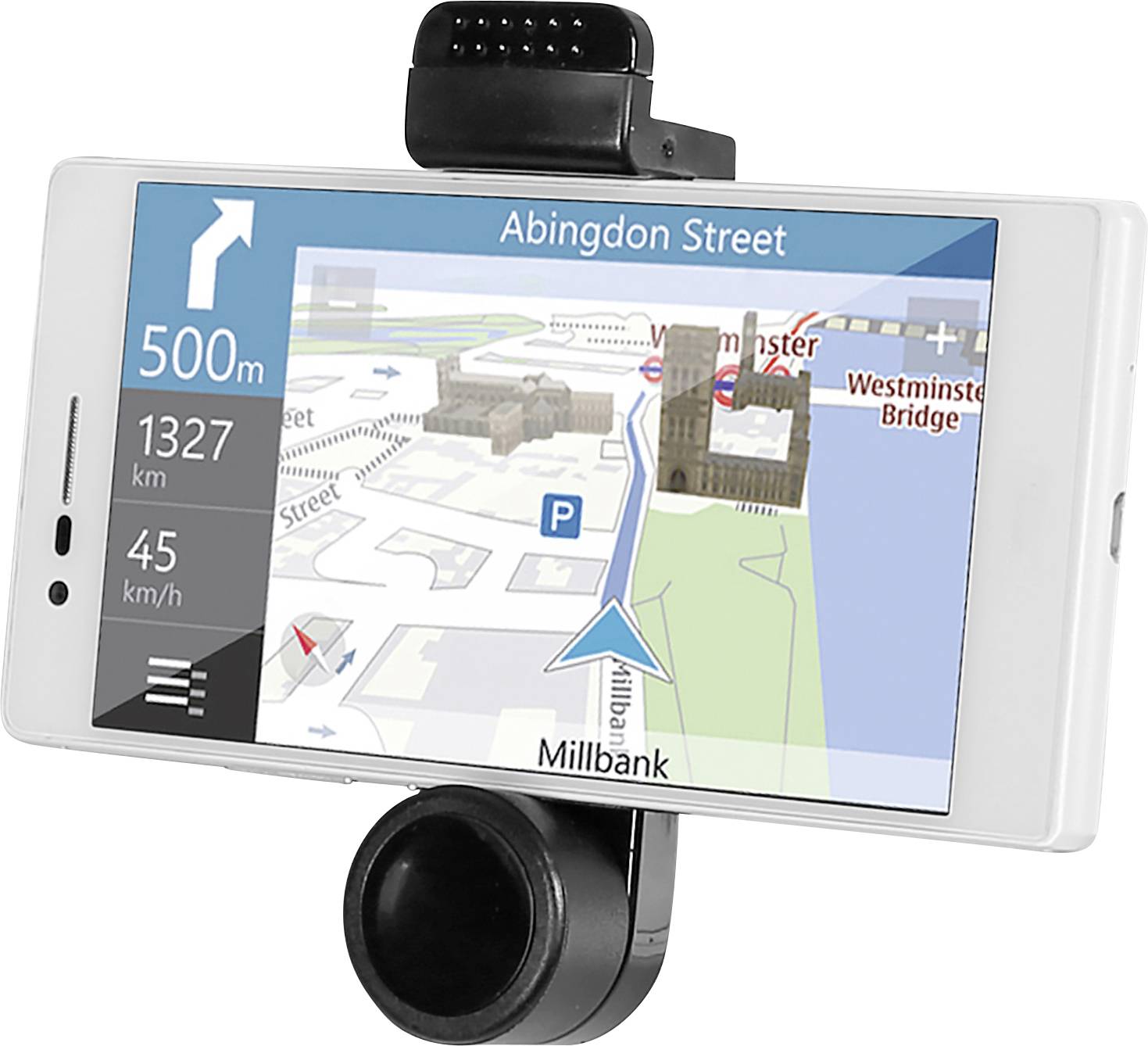 Eine Smartphone-GPS-Navigations-App auf einer Autohaltung zeigt Richtungen auf der "Abingdon Street" an und präsentiert Routeninformationen sowie lokale Sehenswürdigkeiten.