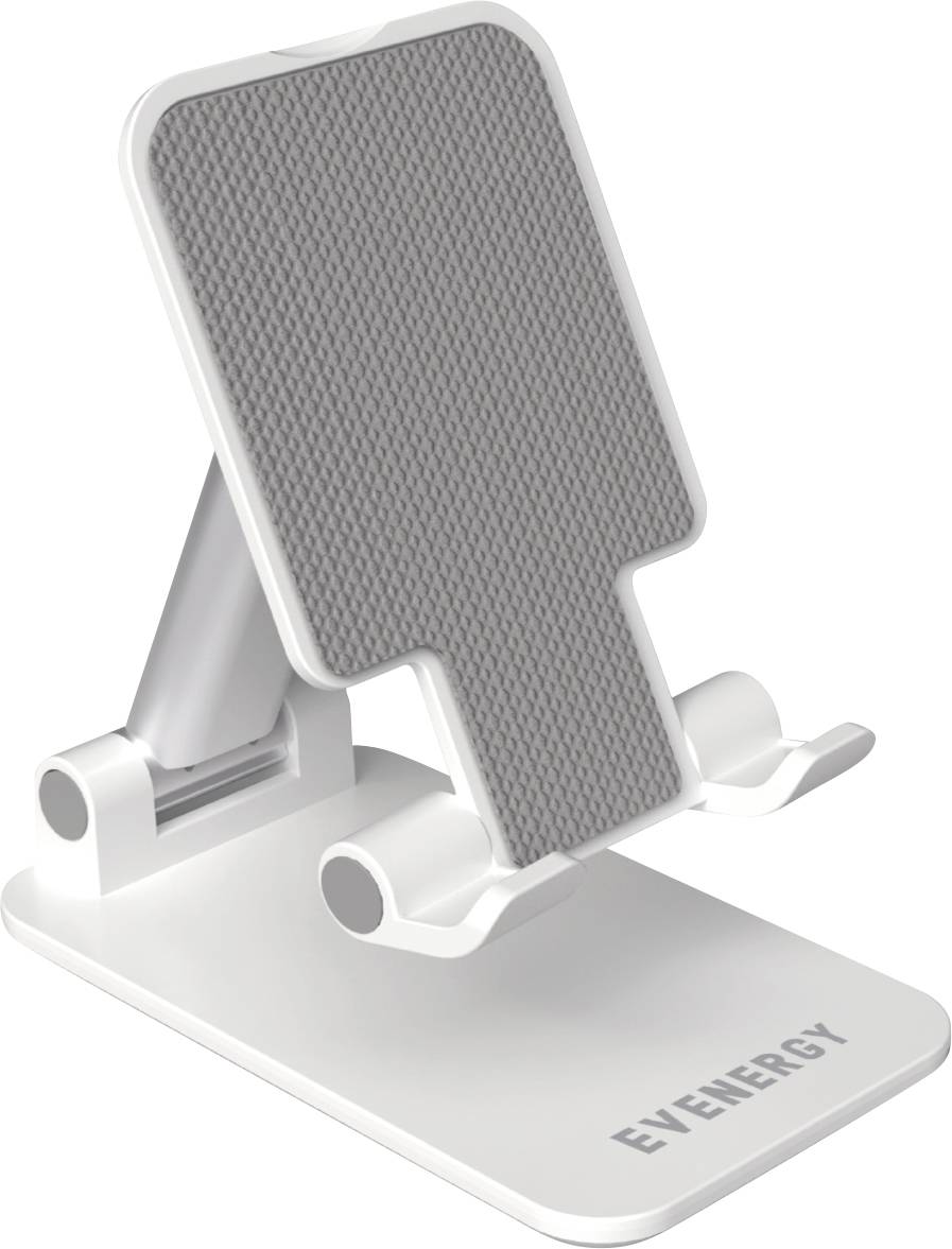 "EVENERGY" Markenprodukt – weiße verstellbare Telefonhalterung mit strukturierter Rückenlehne, entwickelt für die Verwendung am Schreibtisch und hebt Funktionalität und Design hervor.