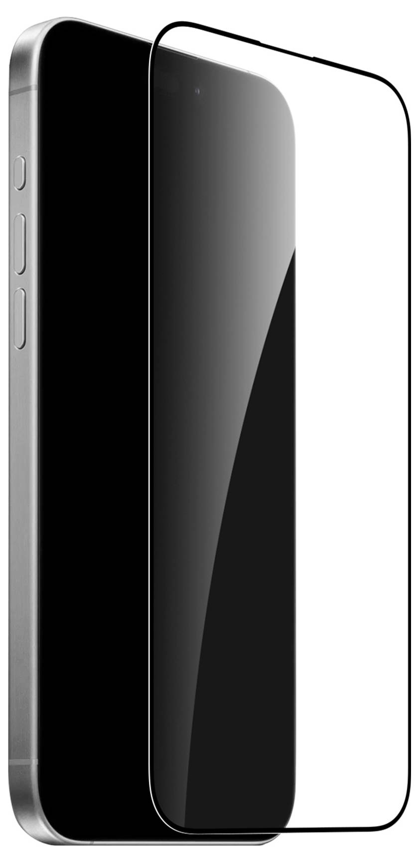 Smartphone mit einer transparenten Displayschutzfolie, die über dem Display positioniert ist und eine Seitenprofilansicht des Telefons zeigt.