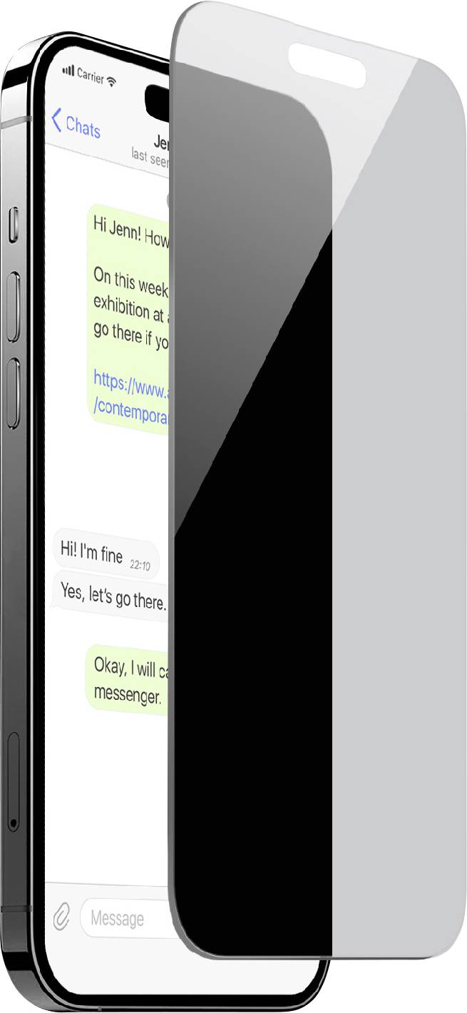 Smartphone mit teilweise angebrachtem Displayschutz, wobei eine Chat-Konversation auf dem Bildschirm sichtbar ist.