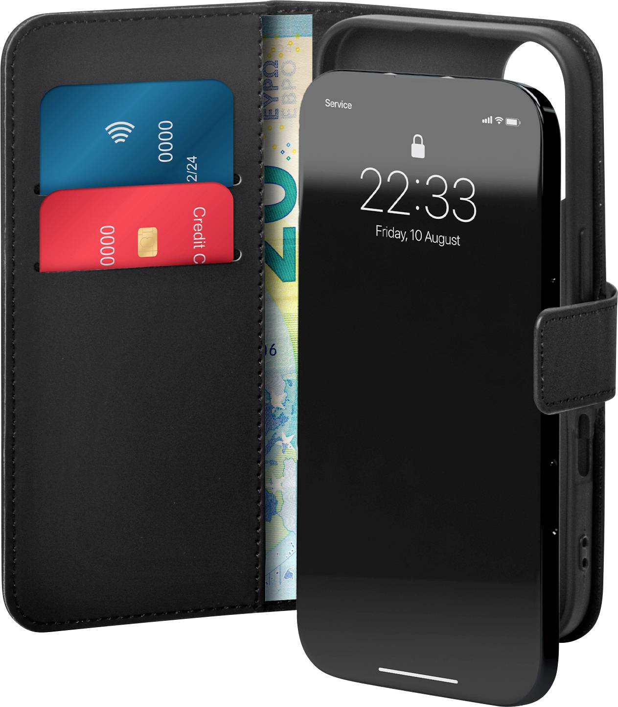 Ein Smartphone mit schwarzem Gehäuse, das einen Sperrbildschirm mit „22:33" und „Freitag, 10. August" anzeigt. Das Gehäuse enthält zwei Kreditkarten und einen gefalteten Geldschein.