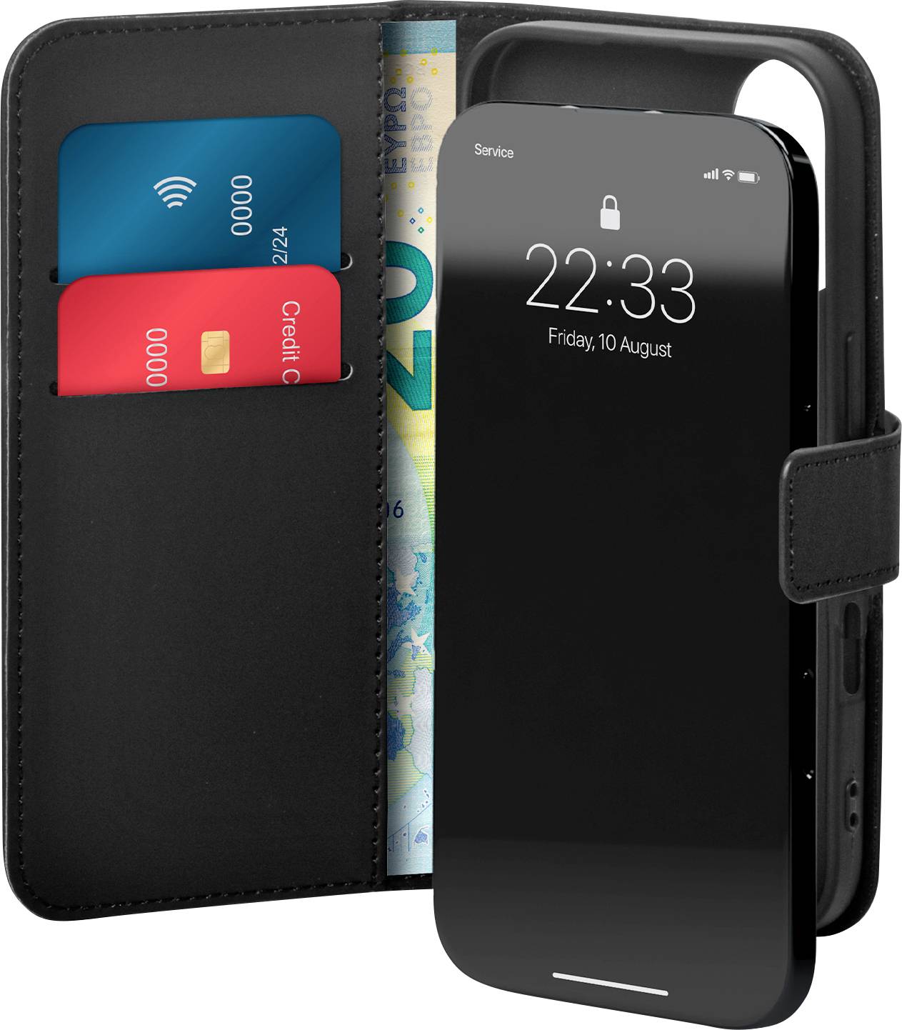 Ein Smartphone in einer schwarzen Folio-Schutzhülle mit Kartensteckplätzen und einer Geldbörse, das die Uhrzeit „22:33" und das Datum „Freitag, 10. August" anzeigt.