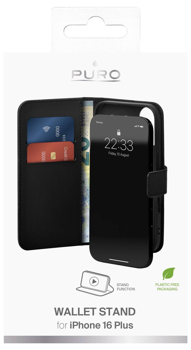 „Puro Wallet Stand für iPhone 16 Plus" zeigt eine schwarze Handyhülle mit Kartensteckplätzen und Währungstasche, mit Standfunktion und umweltfreundlicher Verpackung.