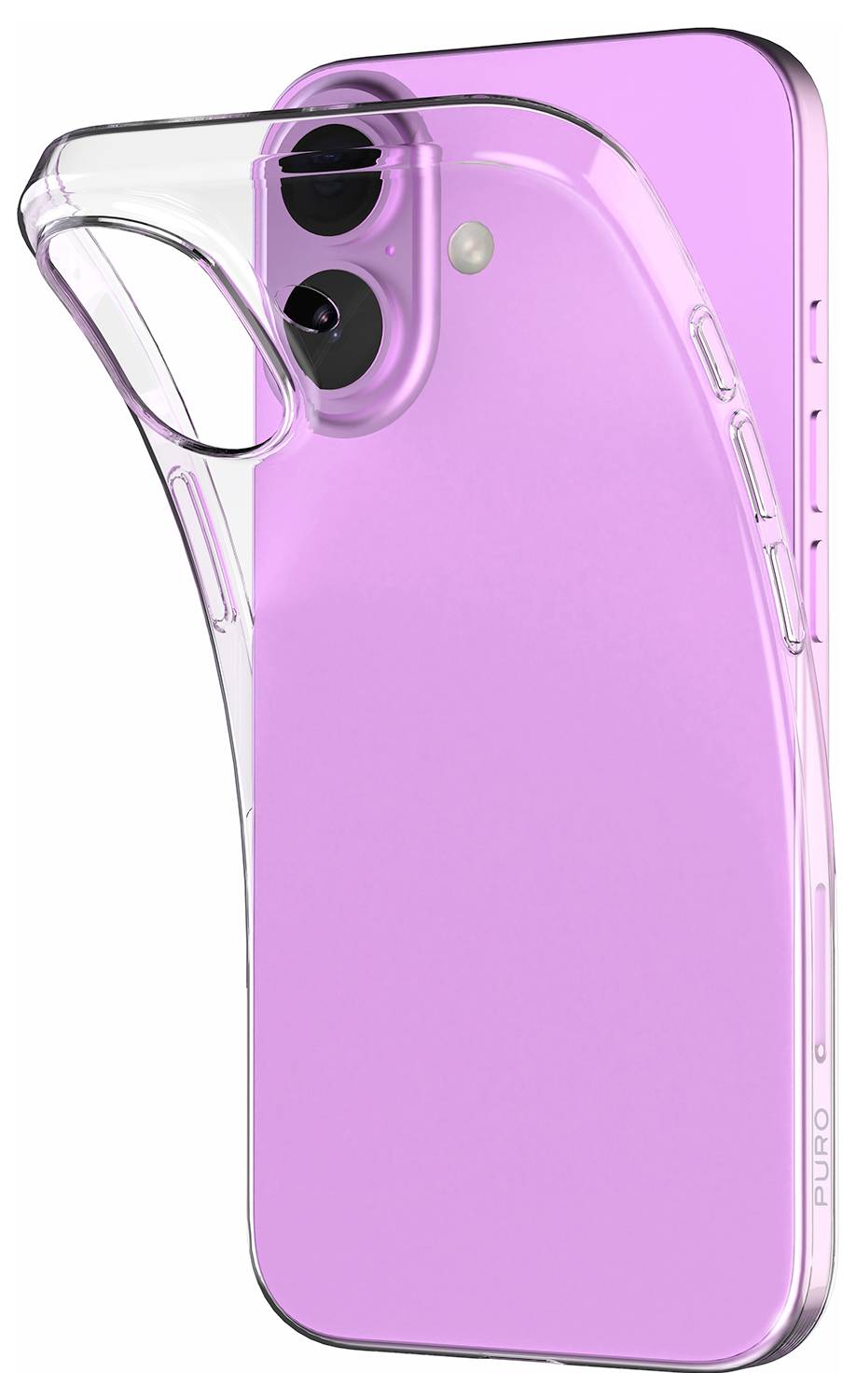 Ein violettes Smartphone mit einer transparenten Schutzhülle, die zwei Kameraobjektive und eine seitliche Tastaturanordnung aufweist.