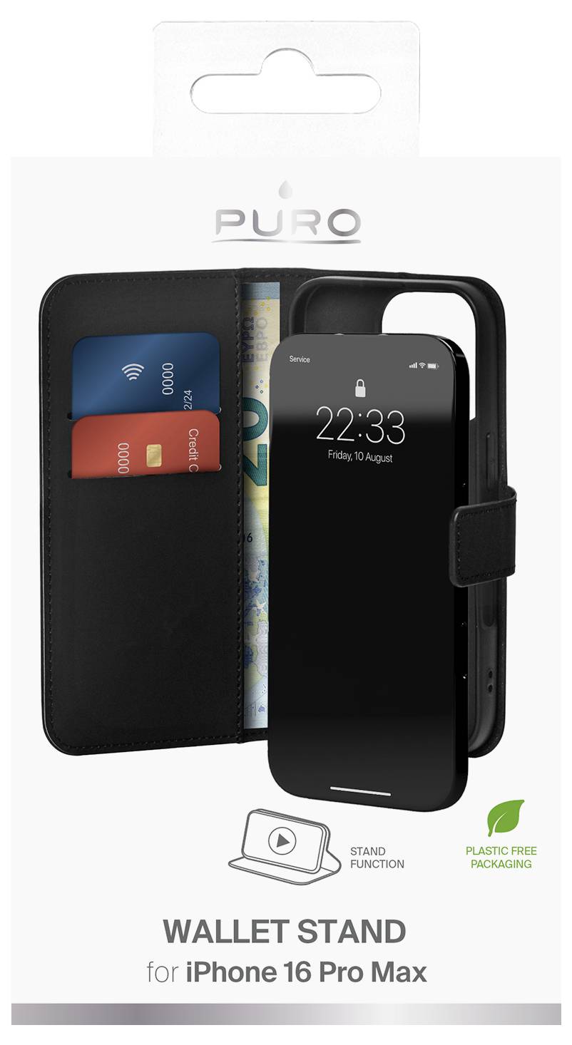 „Wallet Stand für iPhone 16 Pro Max" Verpackung mit einem Handygehäuse mit Kartensteckplätzen und Geldfach. „Plastikfreie Verpackung" in der Ecke.