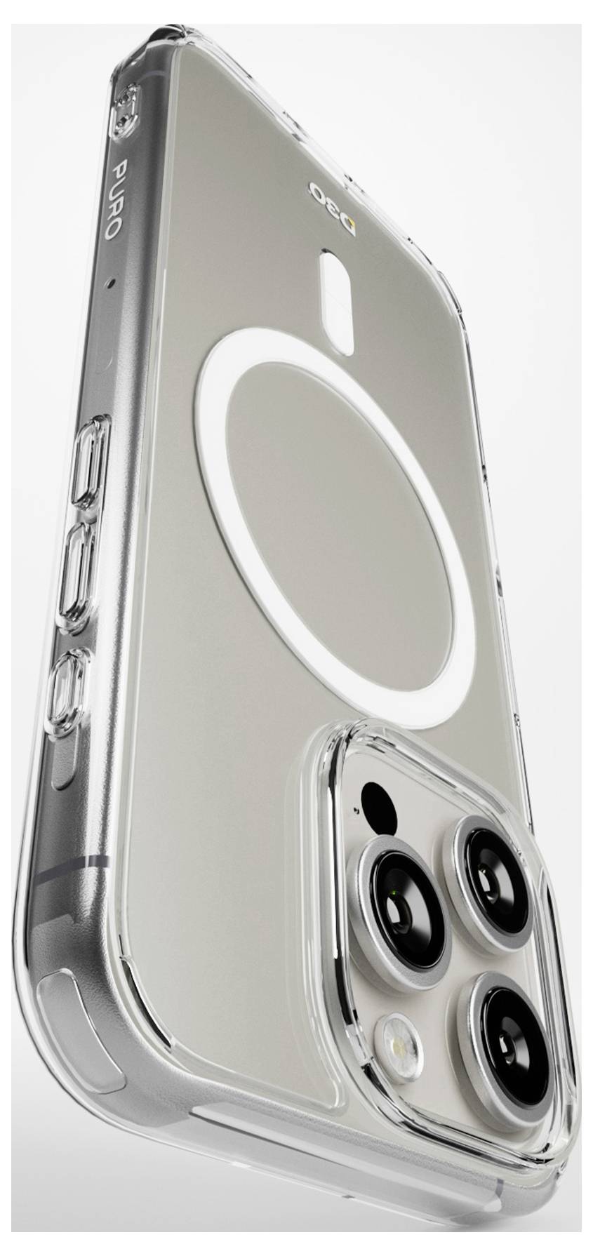 Eine Handyhülle-Verpackung präsentiert eine durchsichtige, schlanke Schutzhülle für ein iPhone 16 Plus, mit Hervorhebung von "Bio-F Drop Protection" und "Kunststofffreie Verpackung".