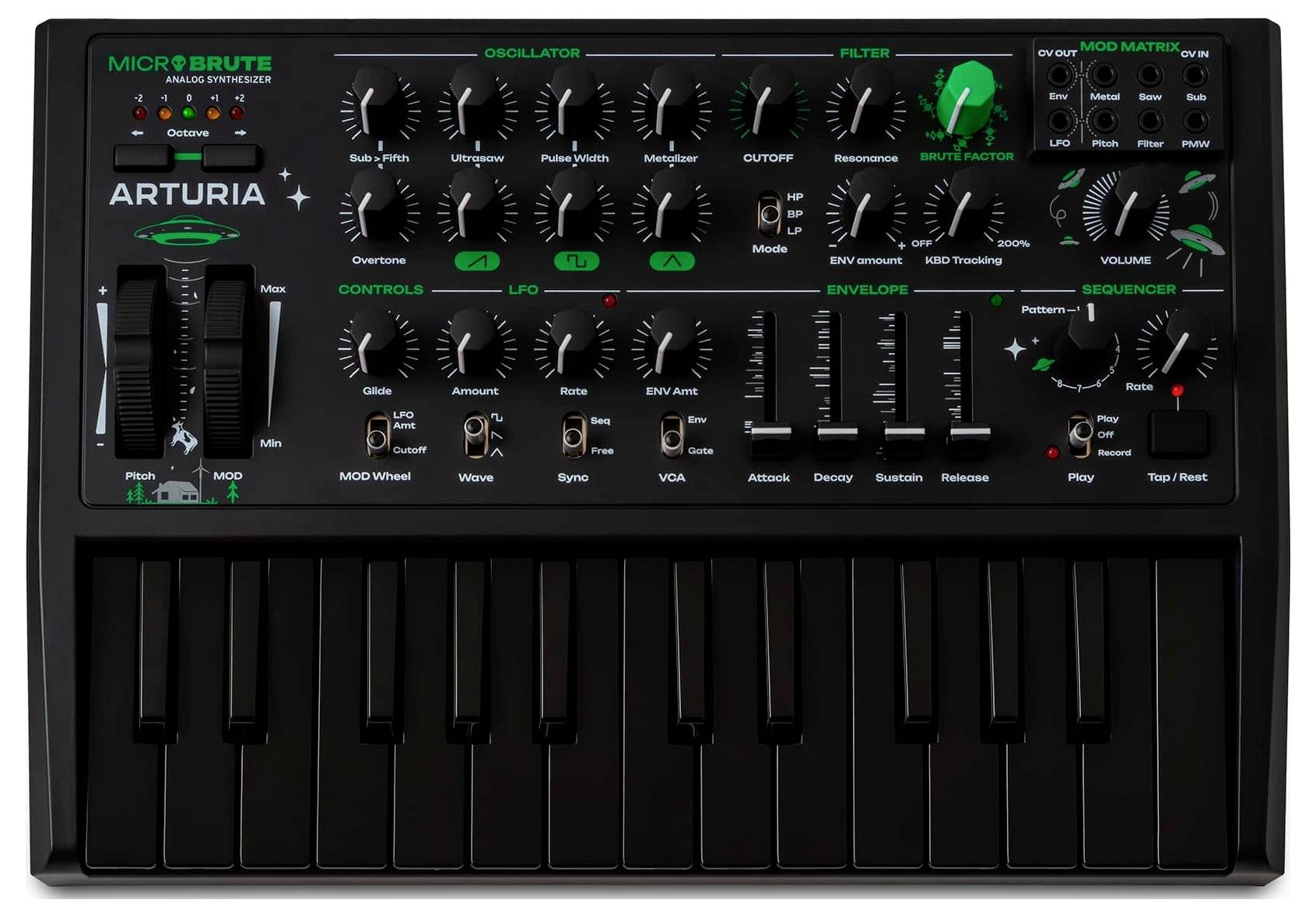 Das Bild zeigt einen kompakten Synthesizer mit beschrifteten Bedienelementen für Oszillator, Filter, LFO und Sequencer; ausgestattet mit Mini-Tasten und Modulations-Matrix.