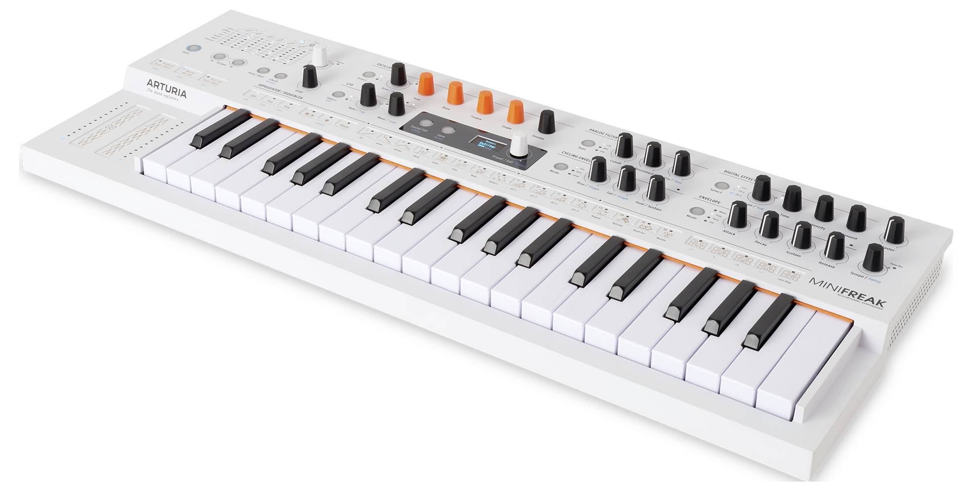 Eine weiße Synthesizer-Tastatur mit verschiedenen Knöpfen und Reglern. Die Beschriftung 'MINIFREAK' ist an der Seite angebracht.