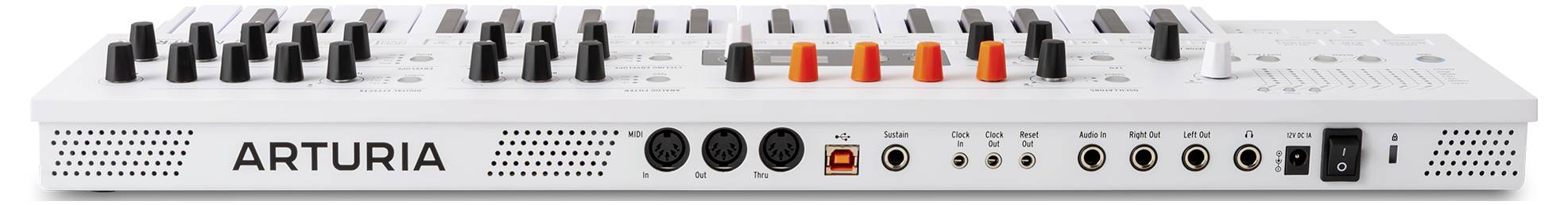 Rückansicht eines Arturia-Synthesizers mit verschiedenen Eingangs- und Ausgangsbuchsen, einschließlich MIDI-, Audioleitungen und Stromverbindungen.