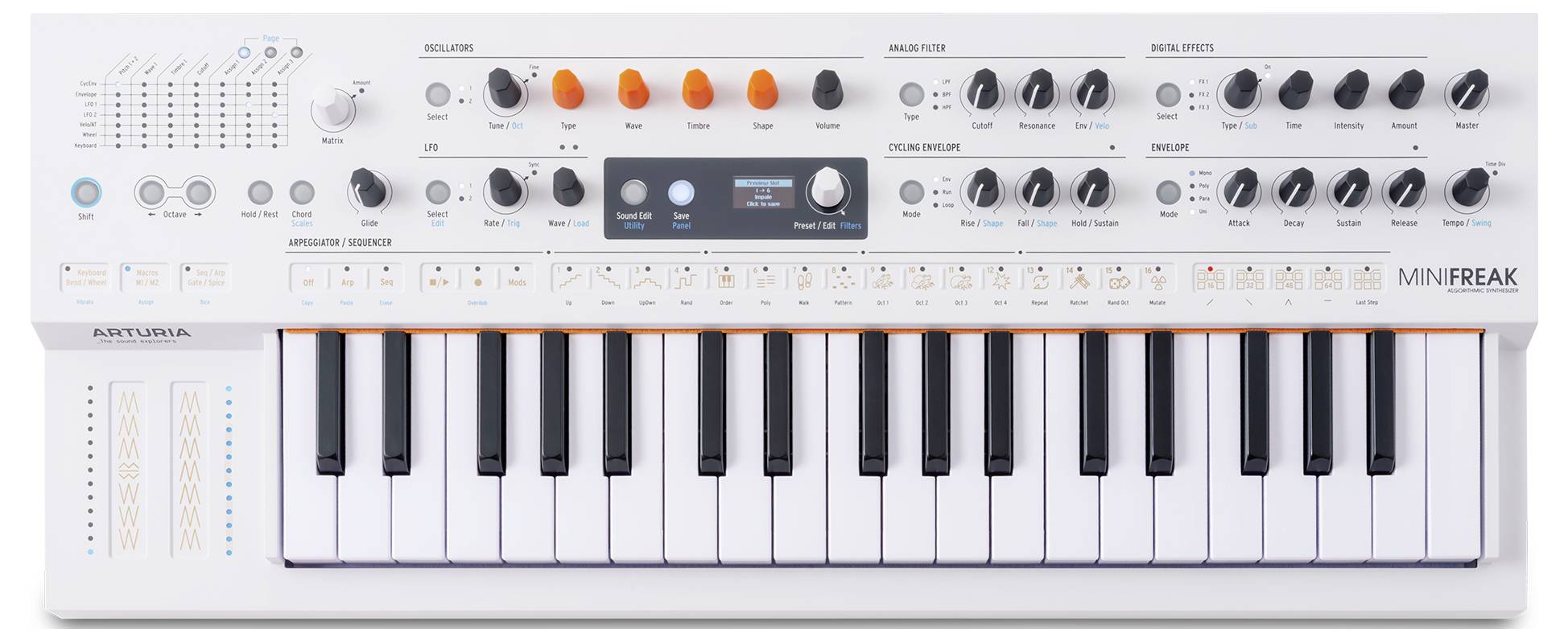 Synthesizer MiniFreak Tastatur mit verschiedenen Drehreglern und Tasten für Modulation, Filter und Arpeggiator-Steuerung. Arturia-Logo auf der linken Seite.