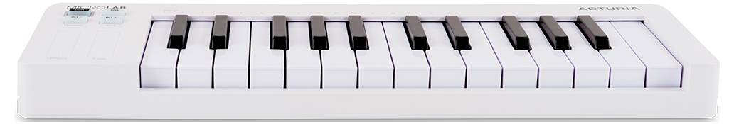 Eine kleine weiße MIDI-Tastatur mit 13 schwarzen und weißen Tasten und einigen Kontrollknöpfen in der linken oberen Ecke.