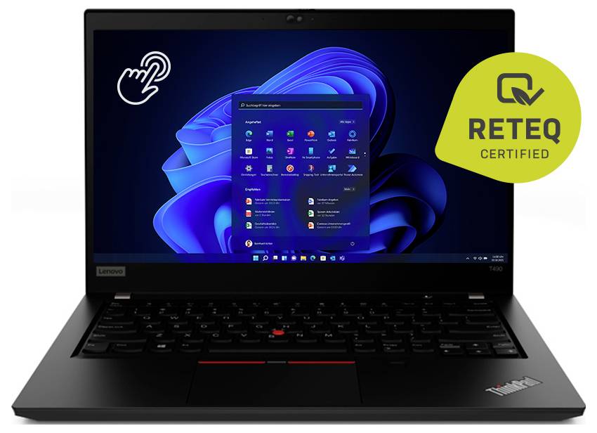 Lenovo ThinkPad-Laptop mit Windows 11-Startmenü, auf dem mehrere App-Symbole zu sehen sind. Ein 'RETEQ Certified'-Abzeichen befindet sich oben rechts.